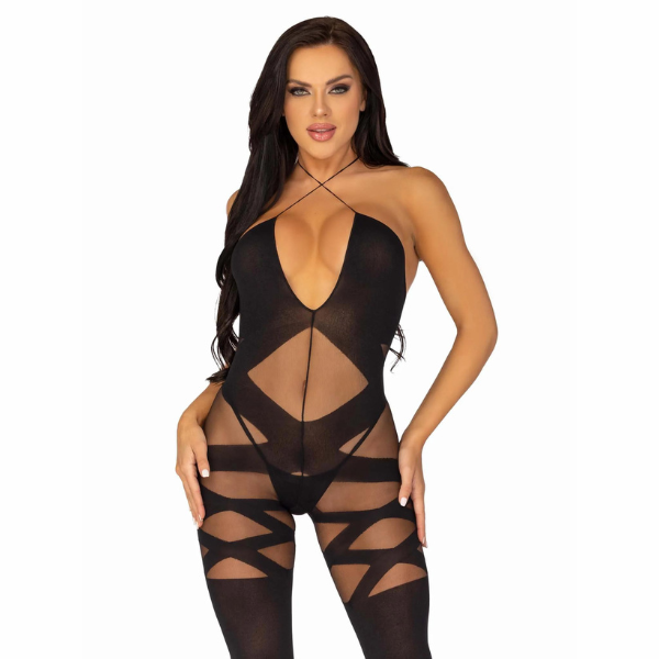 Opaque and Sheer Illusion Keyhole Halter Bodystocking O/S