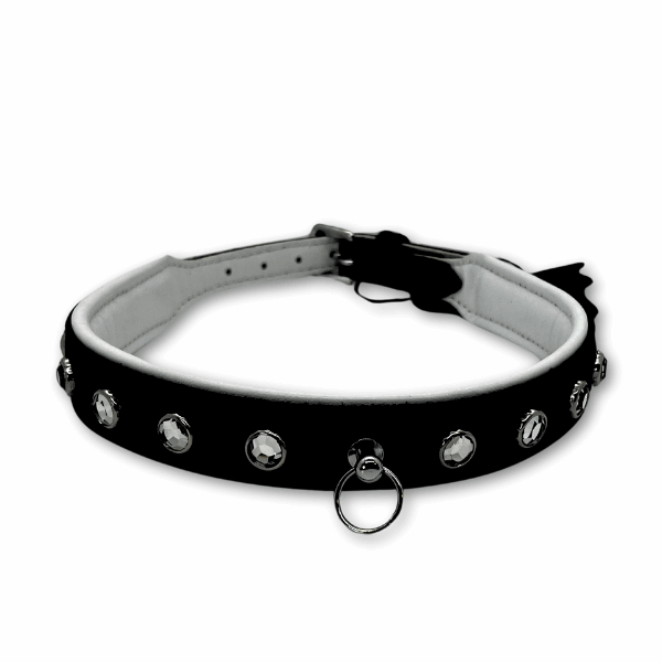 Luxury black and white leather rhinestone collar