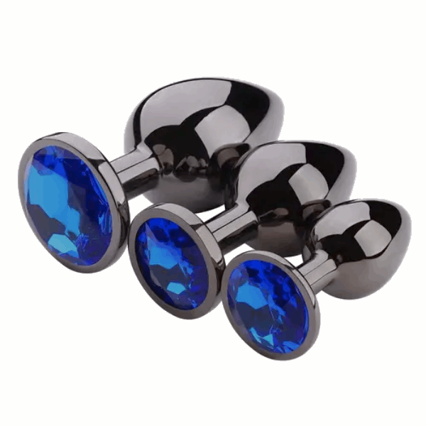 Black stainless steel anal plug set with blue gem