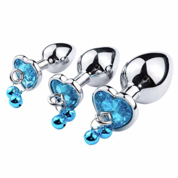 Stainless steel anal plug set with blue heart gem and bells