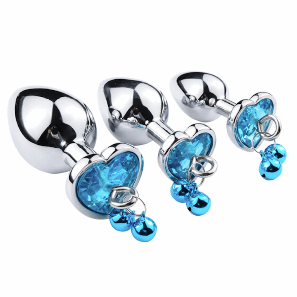 Stainless steel anal plug set with blue heart gem and bells